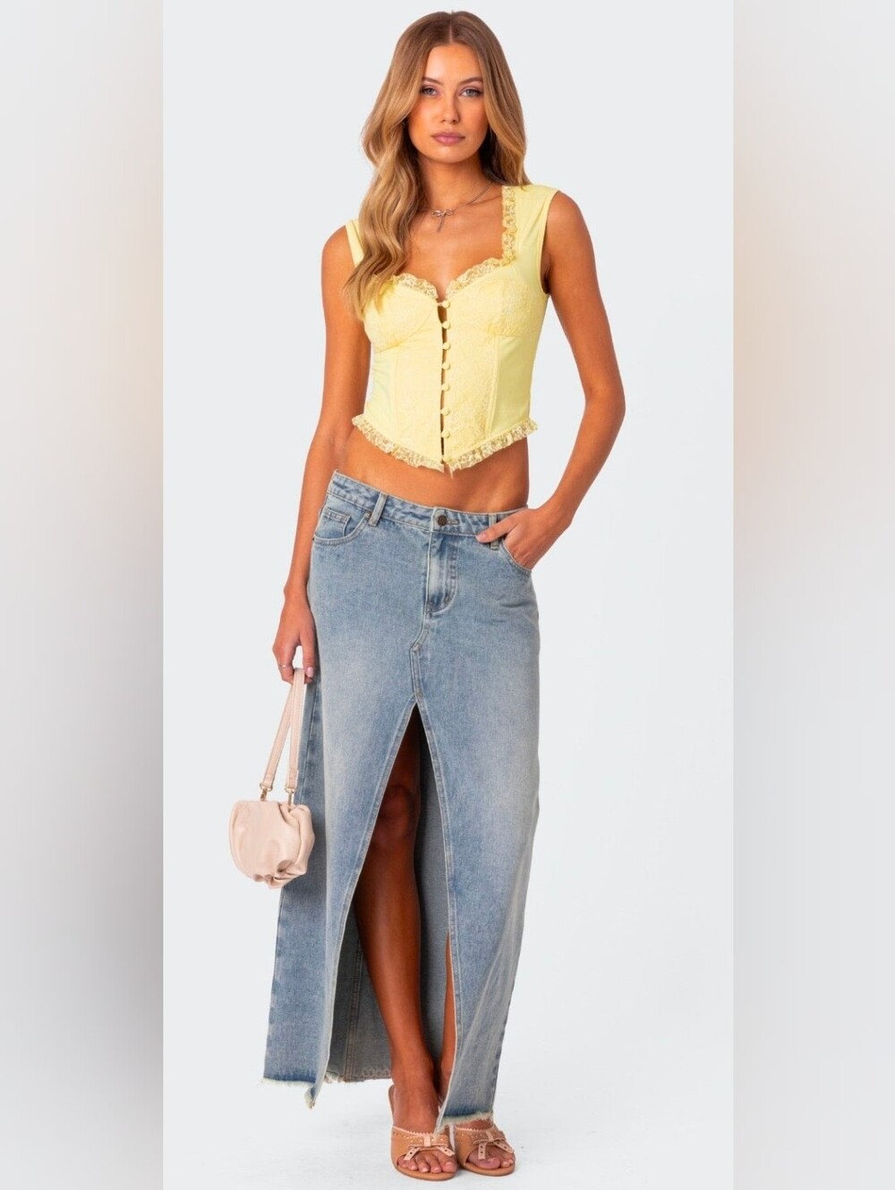 Edikted Light Blue Denim Maxi Skirt with Front Slit S
